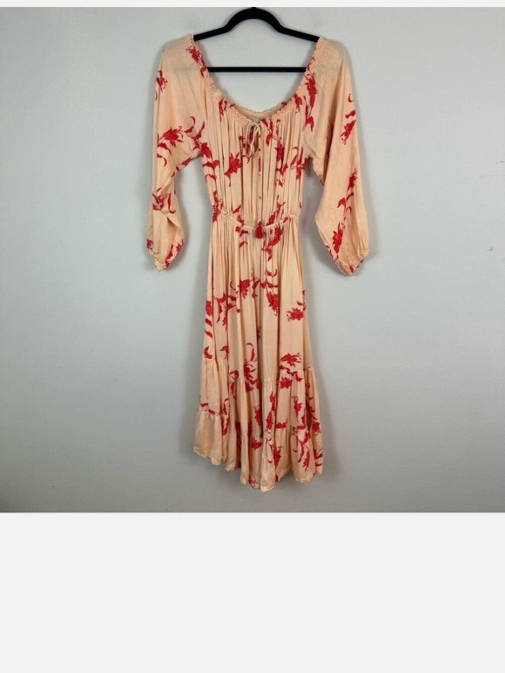 BEACHGOLD | Peach and Pink Floral Print Off the Shoulder Tiered Dress